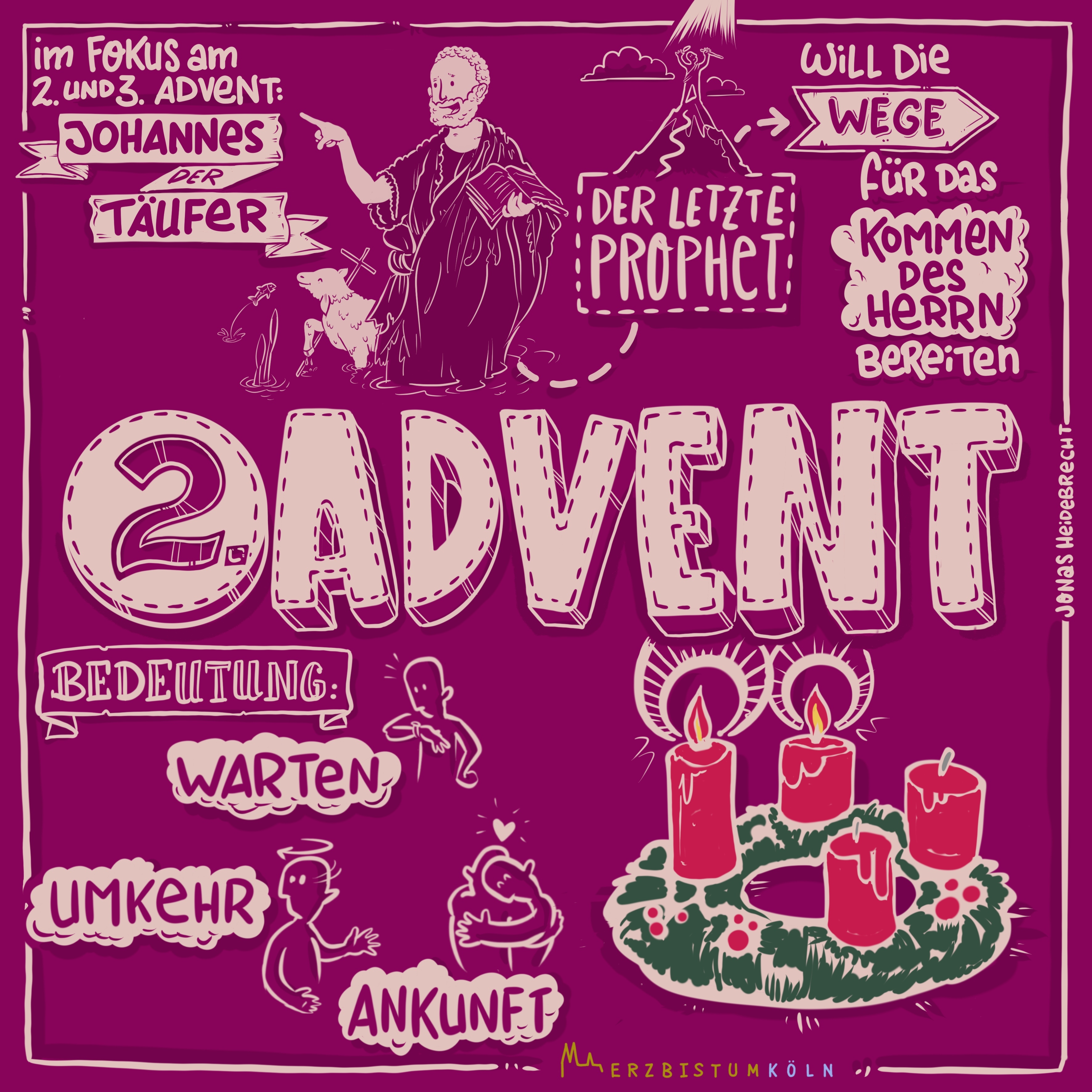 Der zweite Sonntag  Das Warten und die Ankunft stehen im Zentrum des zweiten Adventssonntages.  Im Evangelium wird Johannes der Täufer in den Fokus genommen.  Matthäus, Mt 3, 1-12, vor dem Auftreten Jesu steht die Predigt des Johannes. Johannes sieht seine Aufgabe darin, die Menschen auf das Kommen des Messias vorzubereiten und zur Umkehr zu rufen –mit durchaus drastischen Worten. Ex-Bild-DB-ID: 28806